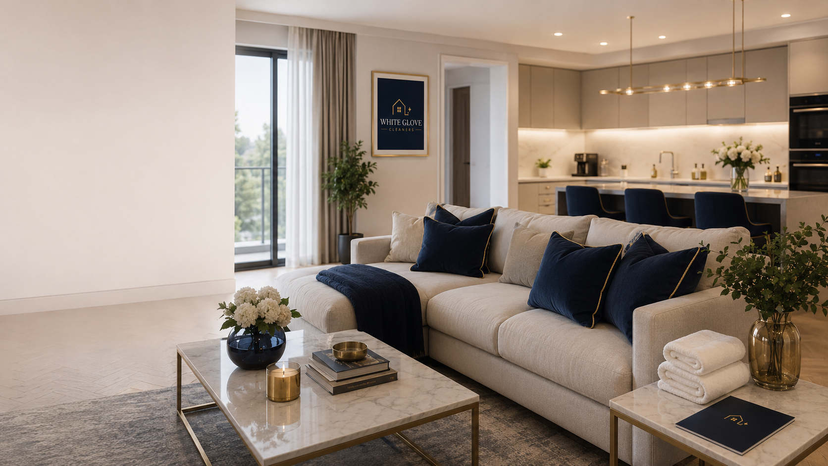 Elegant Southampton apartment hallway with White Glove Cleaners card