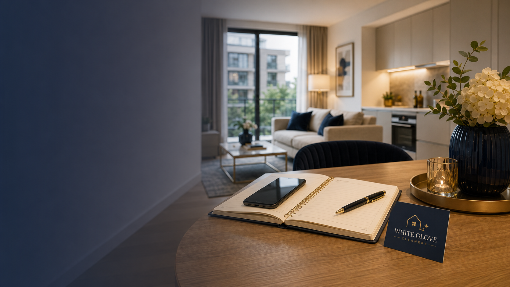 A prepared living space with fresh towels and a White Glove Cleaners folder