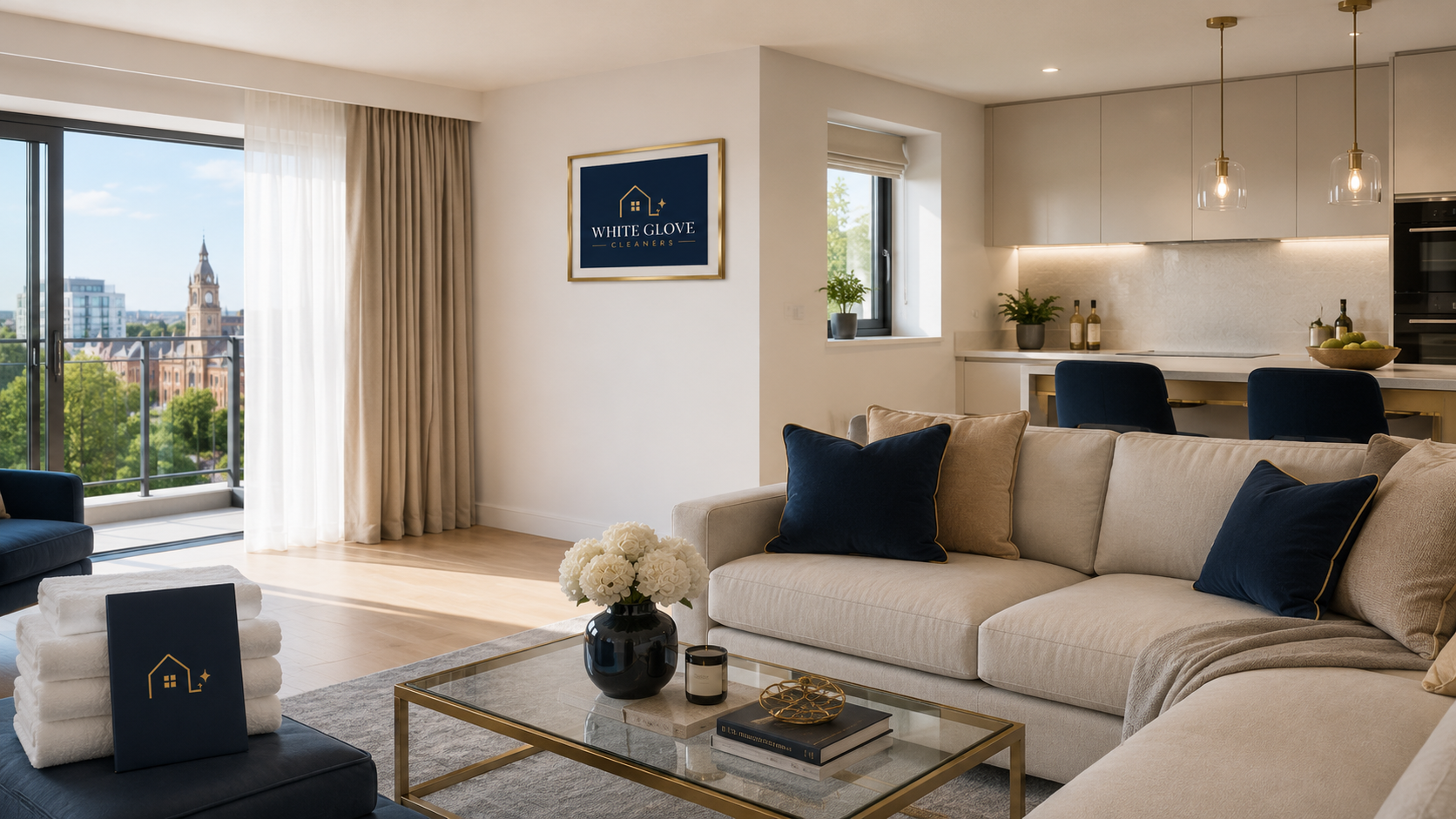 Serviced apartment cleaned and staged with White Glove branded amenities