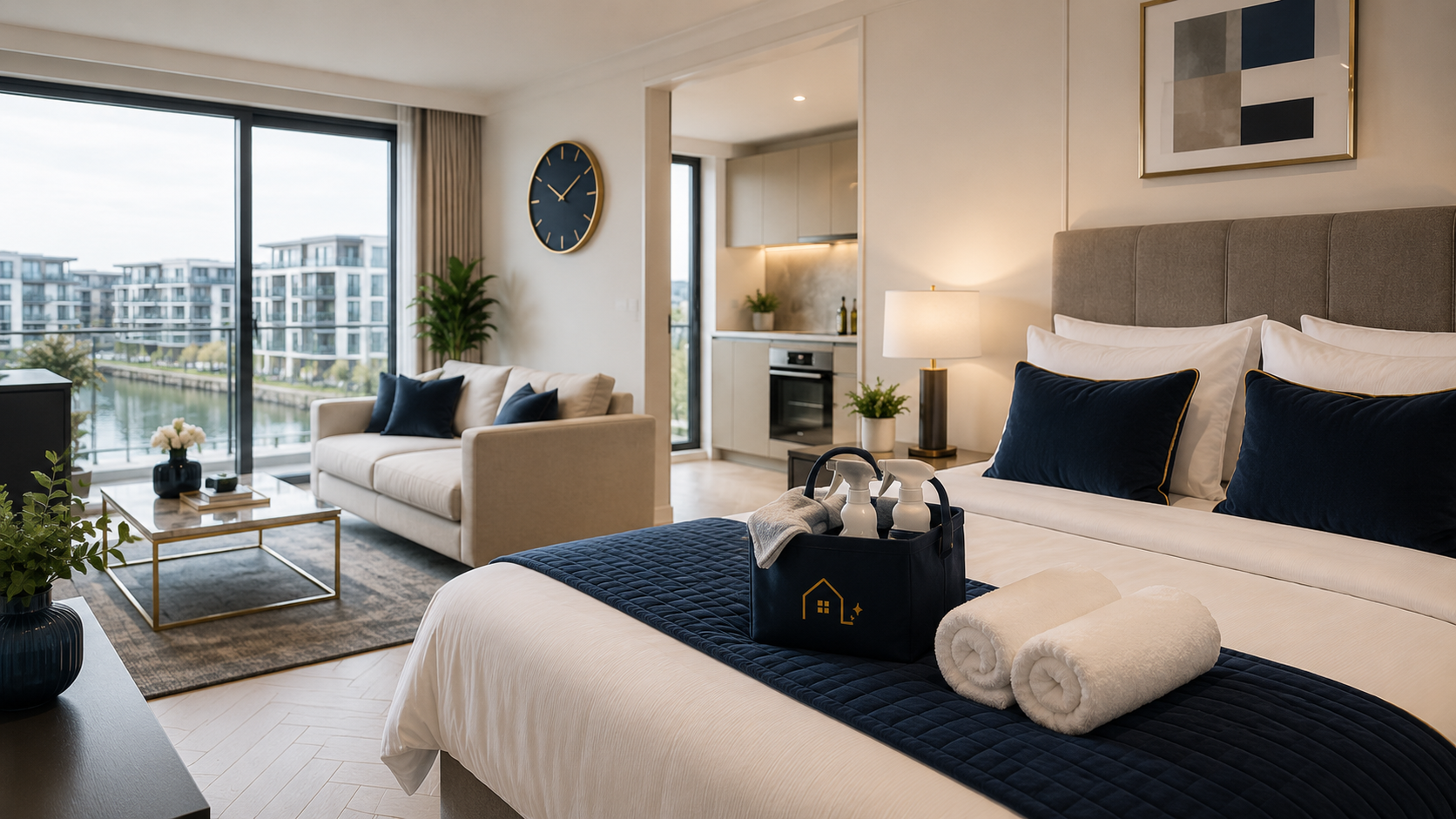 Airbnb bedroom staged for guest arrival with cleaning caddy and rolled towels
