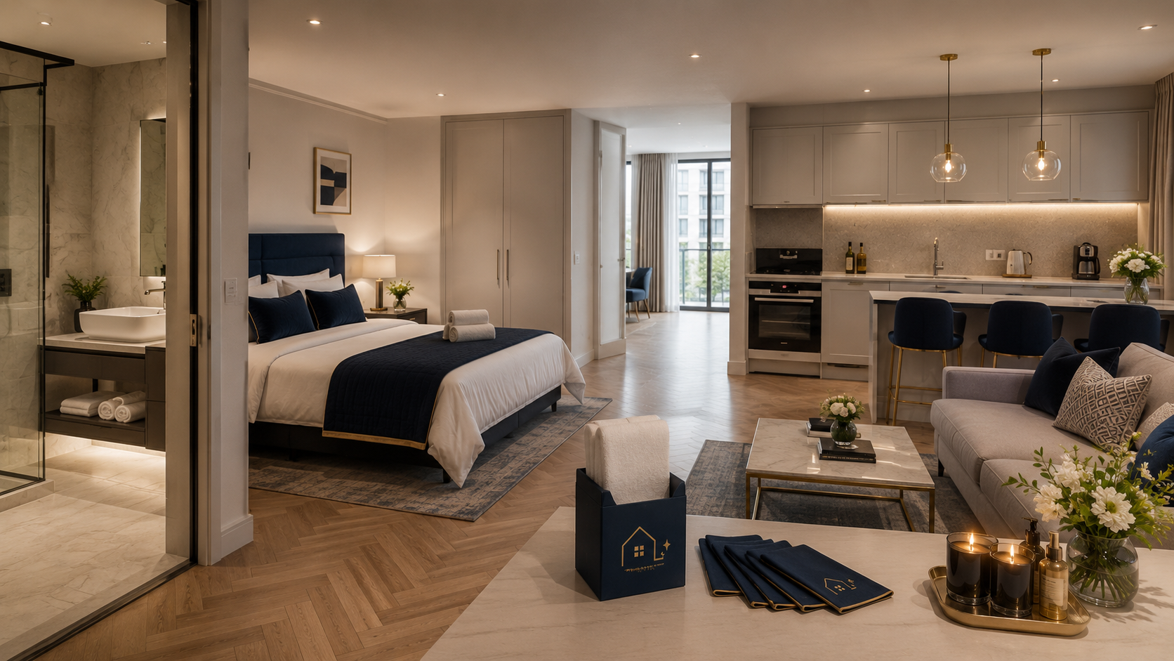 Hotel-standard bedroom presentation with folded towels and White Glove Cleaners card